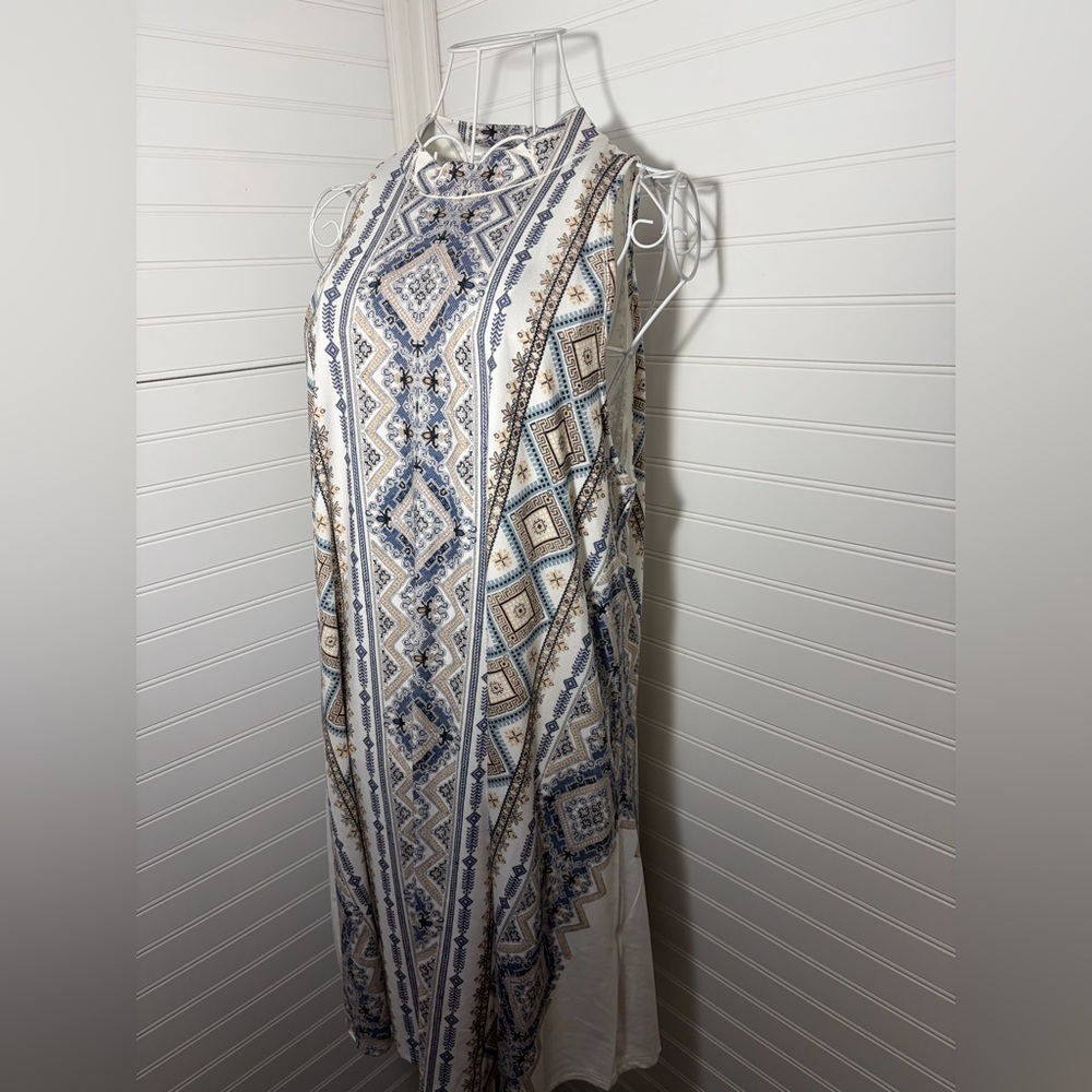 Blu Pepper Blue and Cream Sleeveless Dress with Geometric Print